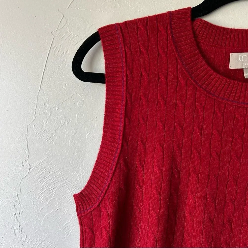 J. Crew Cashmere Cable Knit Sweater Shell Contrast Trim Red Preppy Fisherman